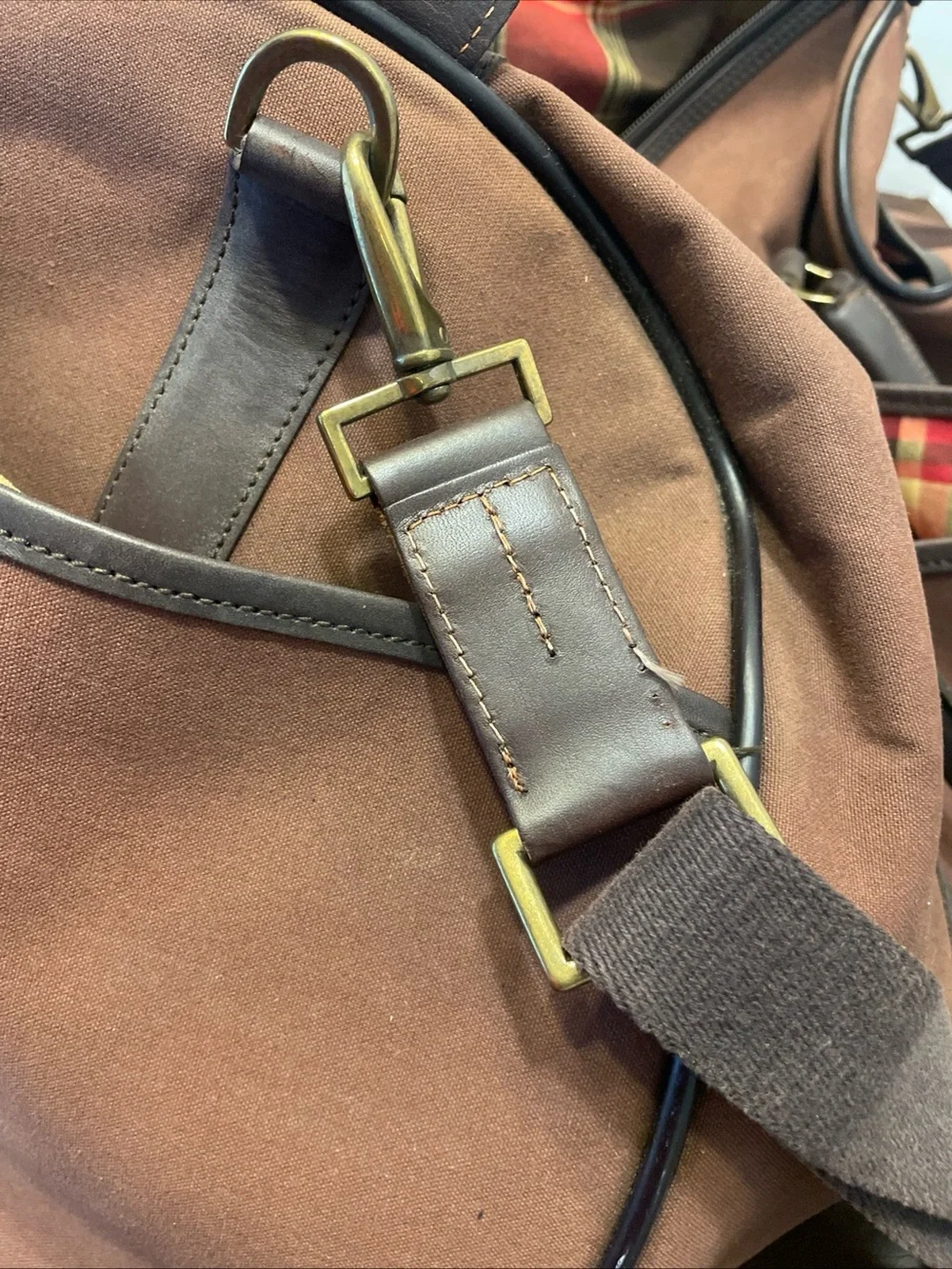 Vintage Canvas And Leather Hartmann Duffle Bag Plaid Lined Interior Approx. 22”